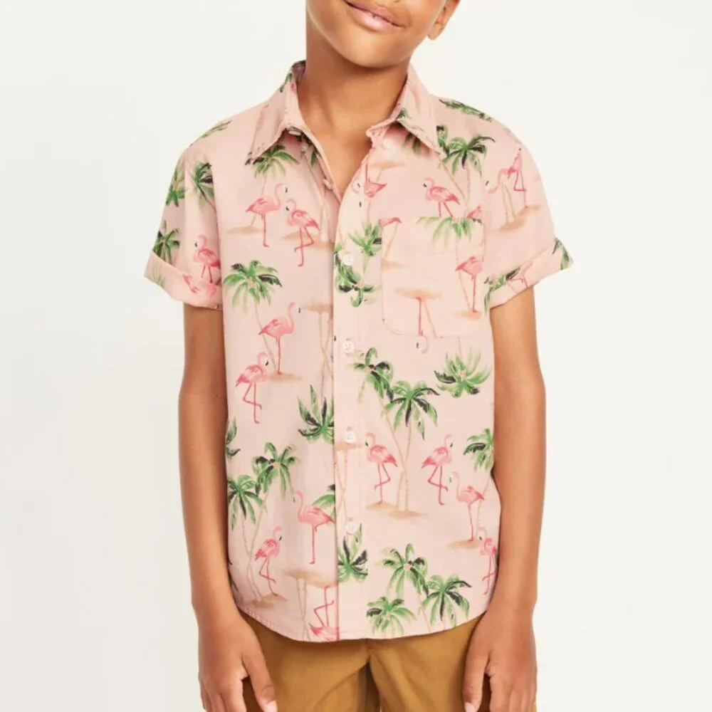 Old Navy Boys Pink Flamingo Palm Tree Short Sleeve Poplin Button Shirt‎ Large